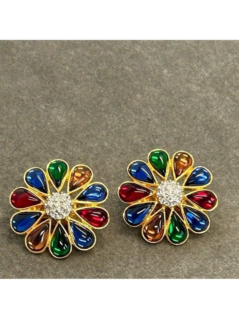 Multicoloured rainbow teardrop flower shaped cubic zirconia clip on earrings